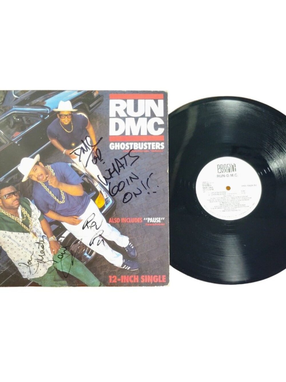 Run DMC Signed Ghostbusters II Vinyl Cover Beckett BAS JMJ Rev Run